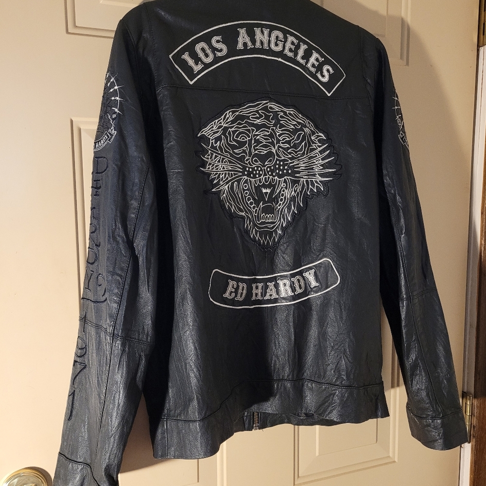 Genuine Vintage Ed Hardy By Christian Audigier Black Leather Graphic Jacket M